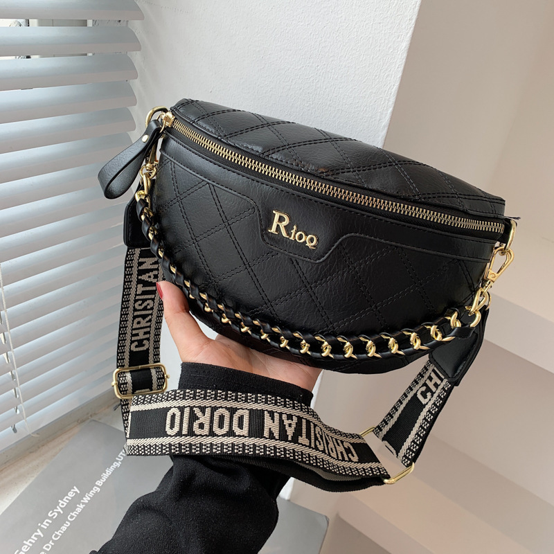 Free Shipping Black & Off-White Quilted Letter Logo Chest Bag Gold Chain Decor Fashion Waist Bag Printed Wide Strap Daily Multi-Use French Style Bag