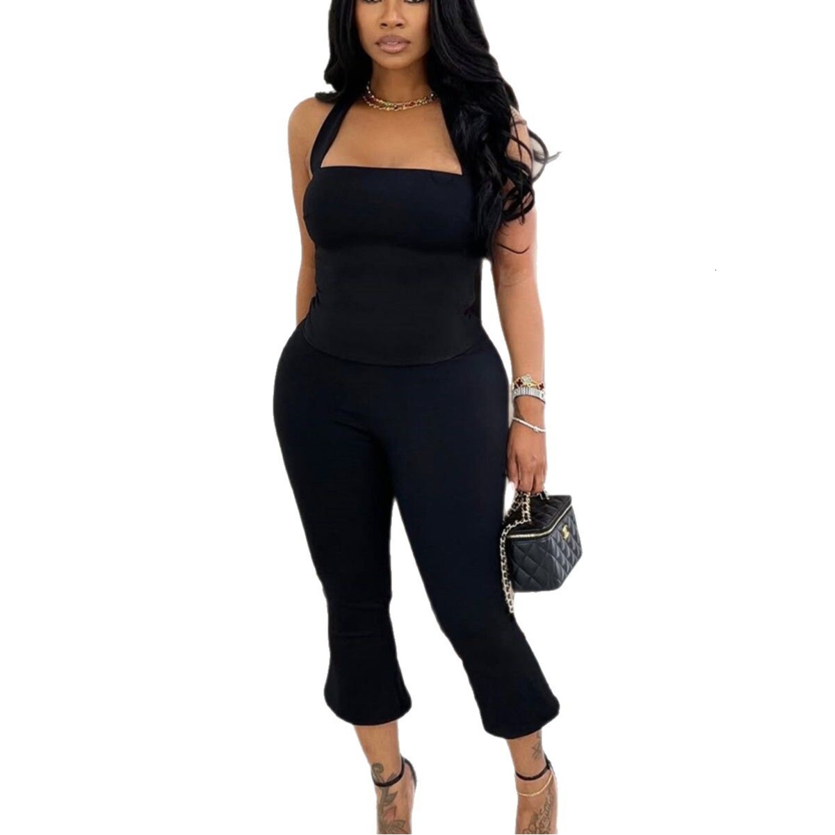 2025S Designer Women S Set Summer Solid Color Neck Straightening Sleeveless Strap Waist Tight Pants Set For Women