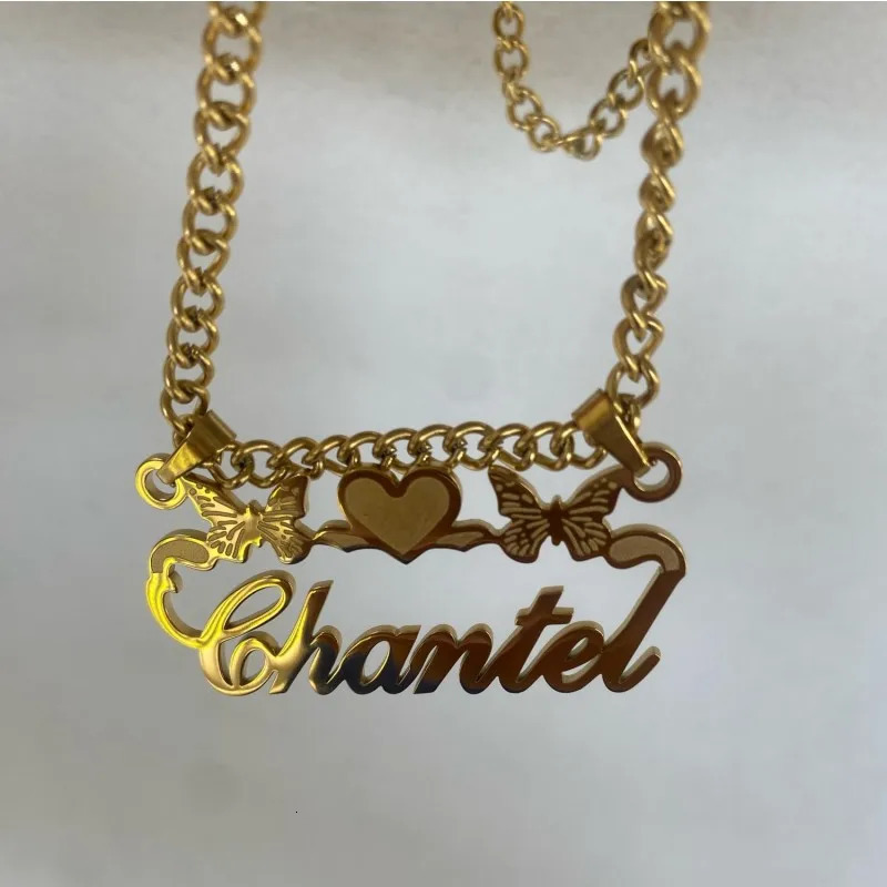 Custom Removable Cartoon Character Name Pendant Gold Color Stainless Steel Heart Nameplate Necklaces For Women Girl Kids 250409