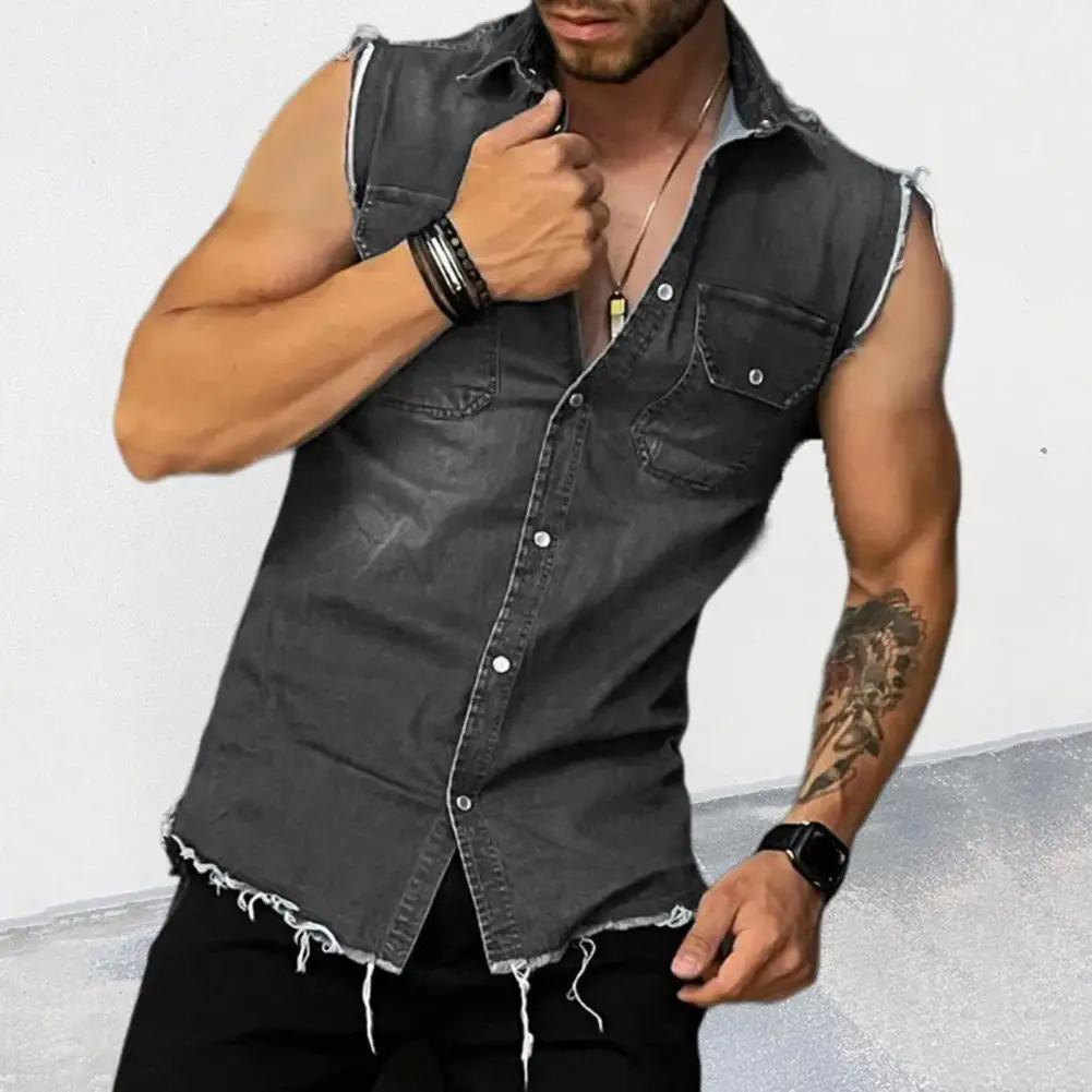 Lapel sleeveless vest jacket single chest lapel pocket tassel mens summer solid color denim shirt street fashion show body muscles 250409