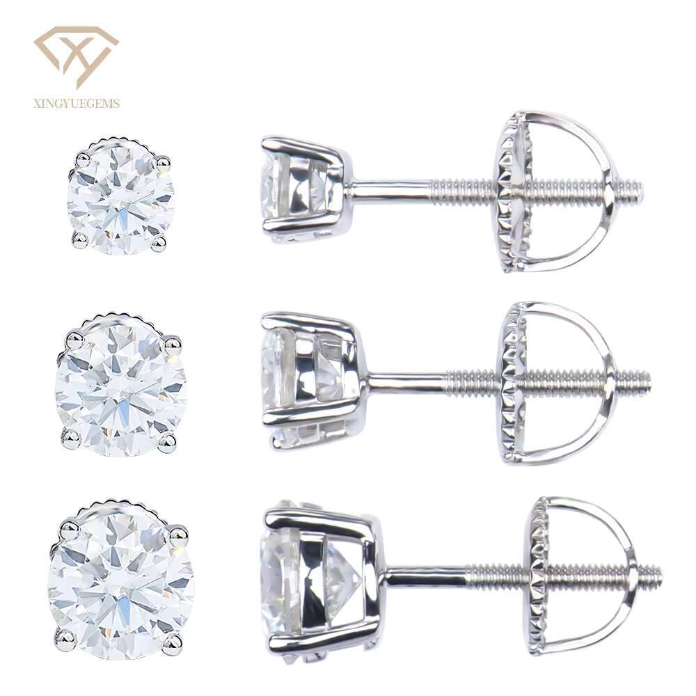 Fashion Jewelry 925 Silver Hypoallergenic Round Brilliant Cut Moissanite Cubic Zircon Gemstones 4-Claw Screw Stud Earrings