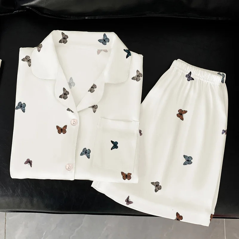 French highend butterfly ice silk sleepwear womens summer short sleeved cardigan twopiece set family wear real clothing 250409
