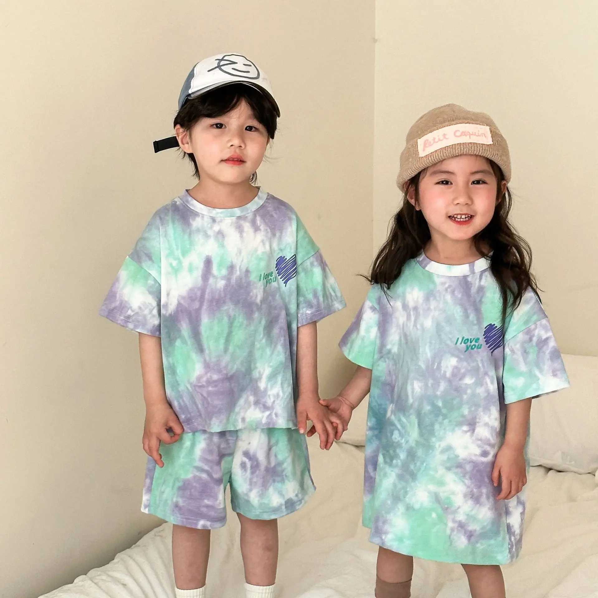 Brother Sister Clothes 2024 Summer New Mens Baby Set Lace up Dyeing Girls T-shirt Dress Casual Full Match Street Clothing 1-10 Years Old S2548