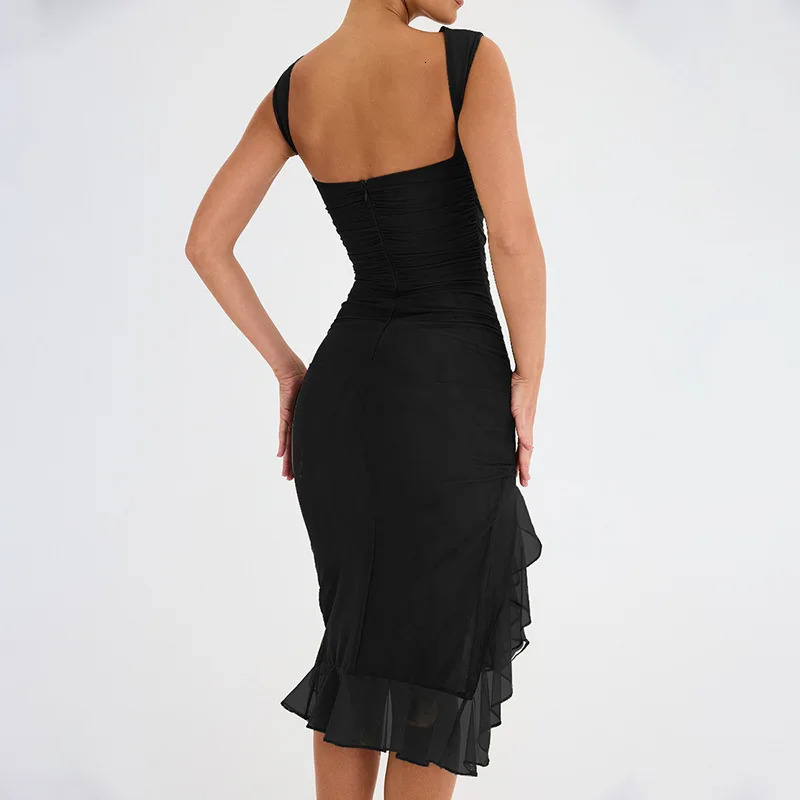 Sexy and elegant pleated hem midi womens dress summer backless sleeveless irregular club party Gauze Vestido 250409