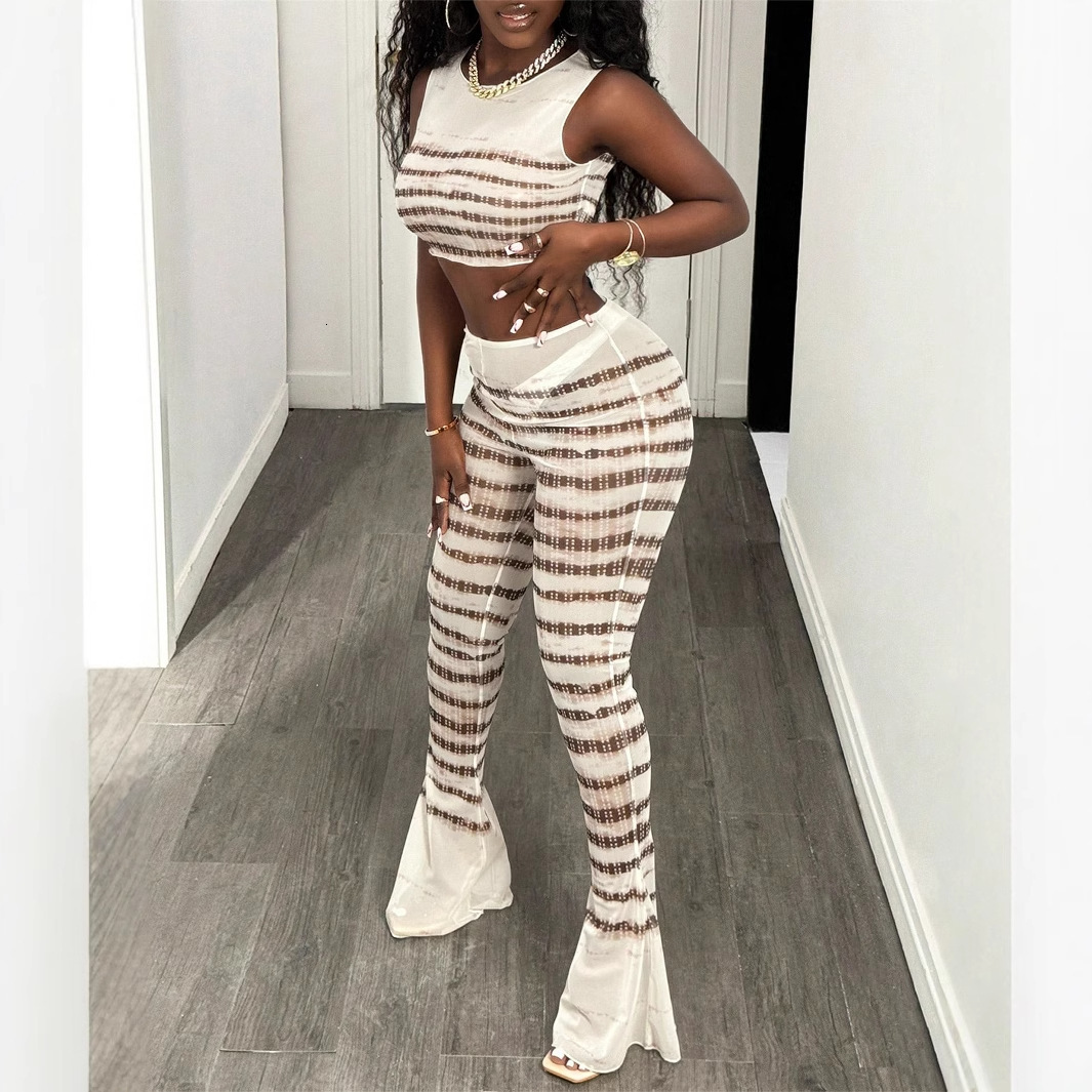 2025S Designer Women S Set New Women S Fashion Sexy Spicy Girl Perspective Mesh Printed Non Trace Top Micro Pull Pants Set