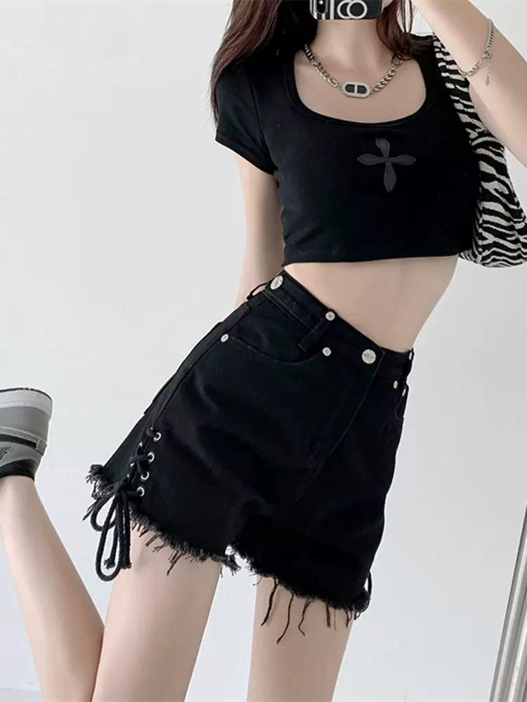 2025S Women S Designer Shorts Black Denim Shorts Women S Loose Summer Plus Size Fat High Waist Slimming Design Tie Up Word Wide Leg Hot Pants Hot Pant