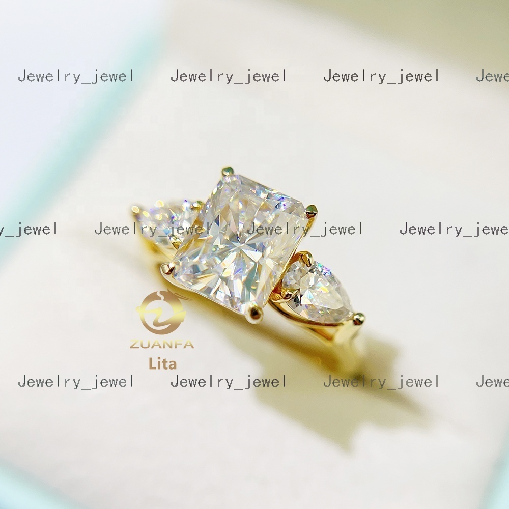 High-end 925 Sterling Silver Three Stone Vvs Radiant Cut Per Cut Diamond 14k Gold Moissanite Engagement Ring