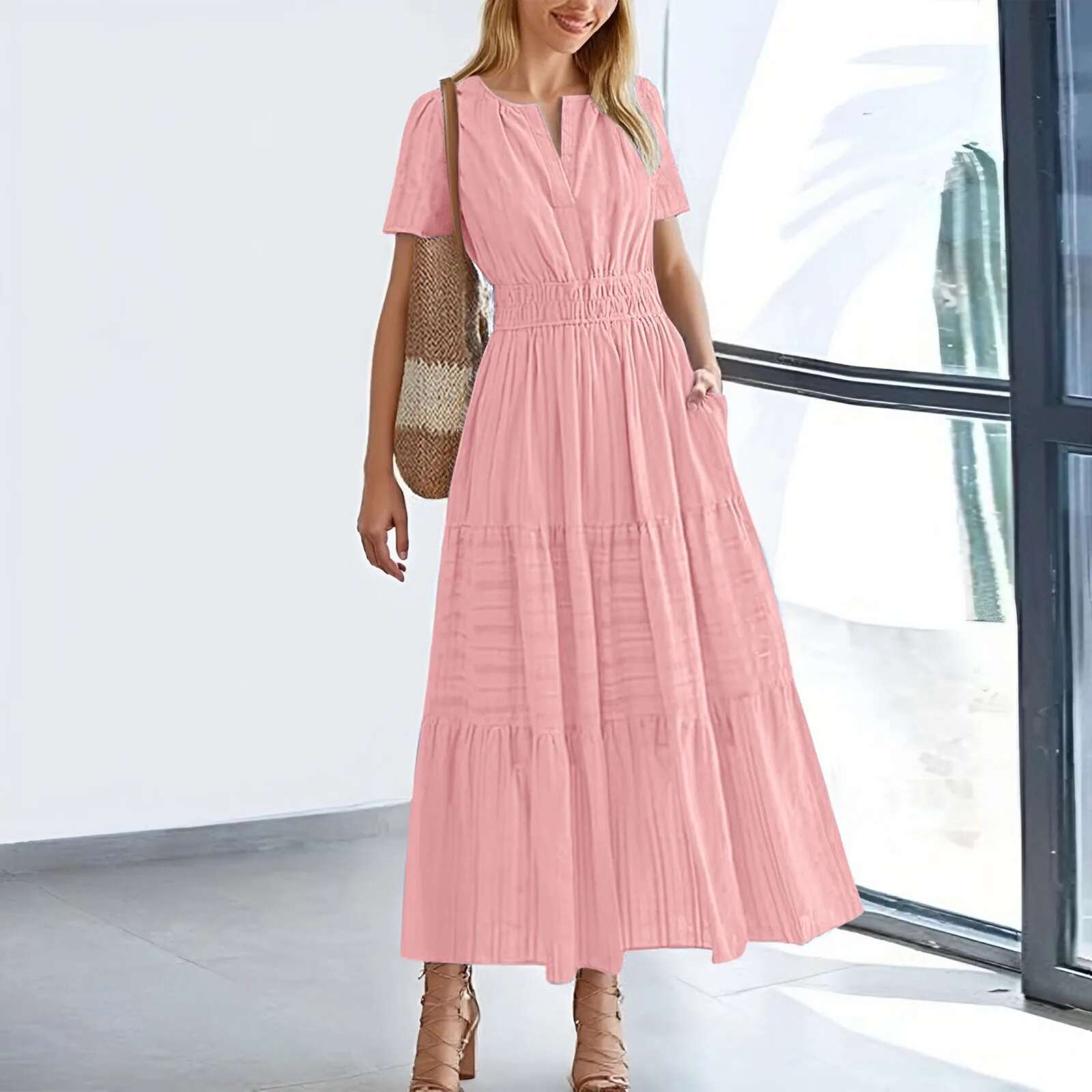 Dongdumaoyi New Dress Women S Summer Casual Midi Maxi Lightweight Short Sleeve V Neck Dresses Elastic Waist Bohemian Beach