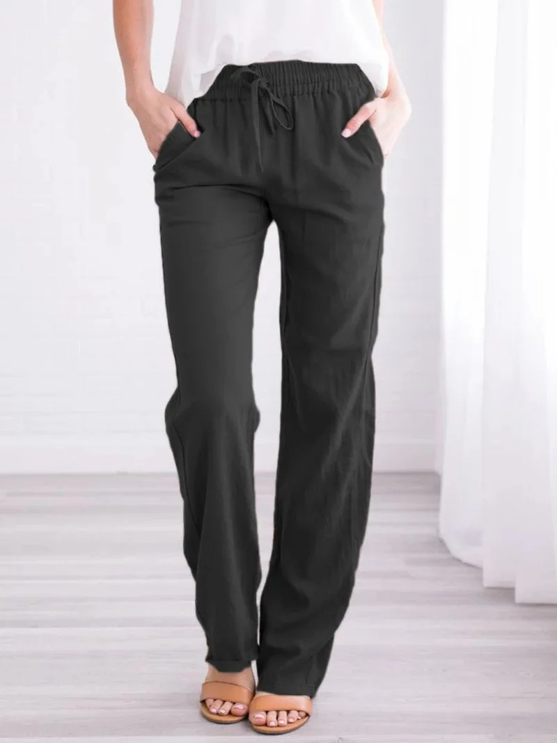 SpringSummer Womens European and American Solid Cotton Hemp Drawstring Loose Relaxed Wide Leg Pants 250409
