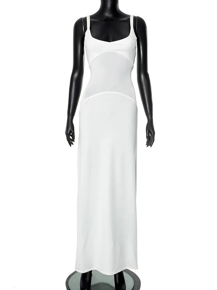Mozision Mesh Patch Womens Sexy Long Skirt Dress spaghetti strap sleeveless backless tight elegant club long dress 250409