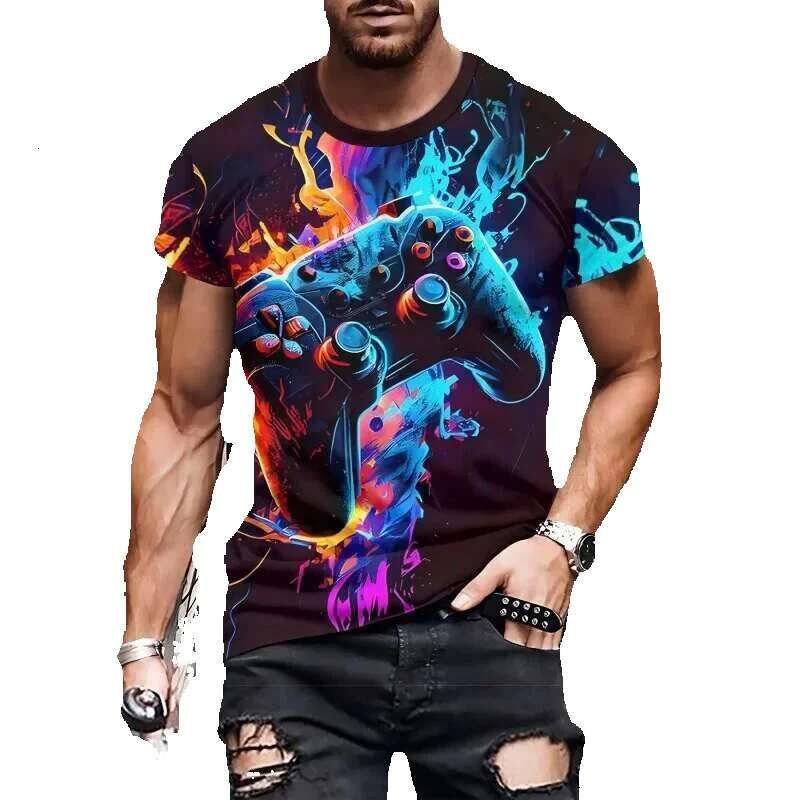 Men's 3D printed game controller colorful painted pattern T-shirt, casual, loose fit, short sleeved, round neck, streetwear
