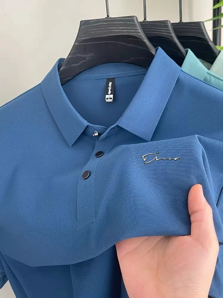 Summer Mens Ice Silk Elastic Golf Polo Shirt Custom Relief Short Sleeve Shirt Fashion Business Casual SlimmingTshirt 250407