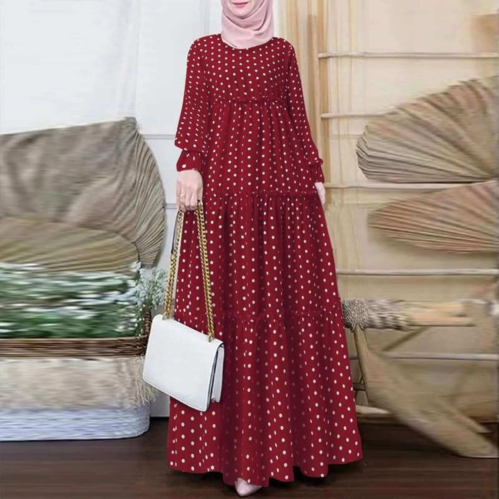 Dongdumaoyi Women Polka Dots Printed Muslim Dress Ruffles Long Sleeve Islamic Clothing Elagant Casual Dubai Marocain Turkish Vestidos