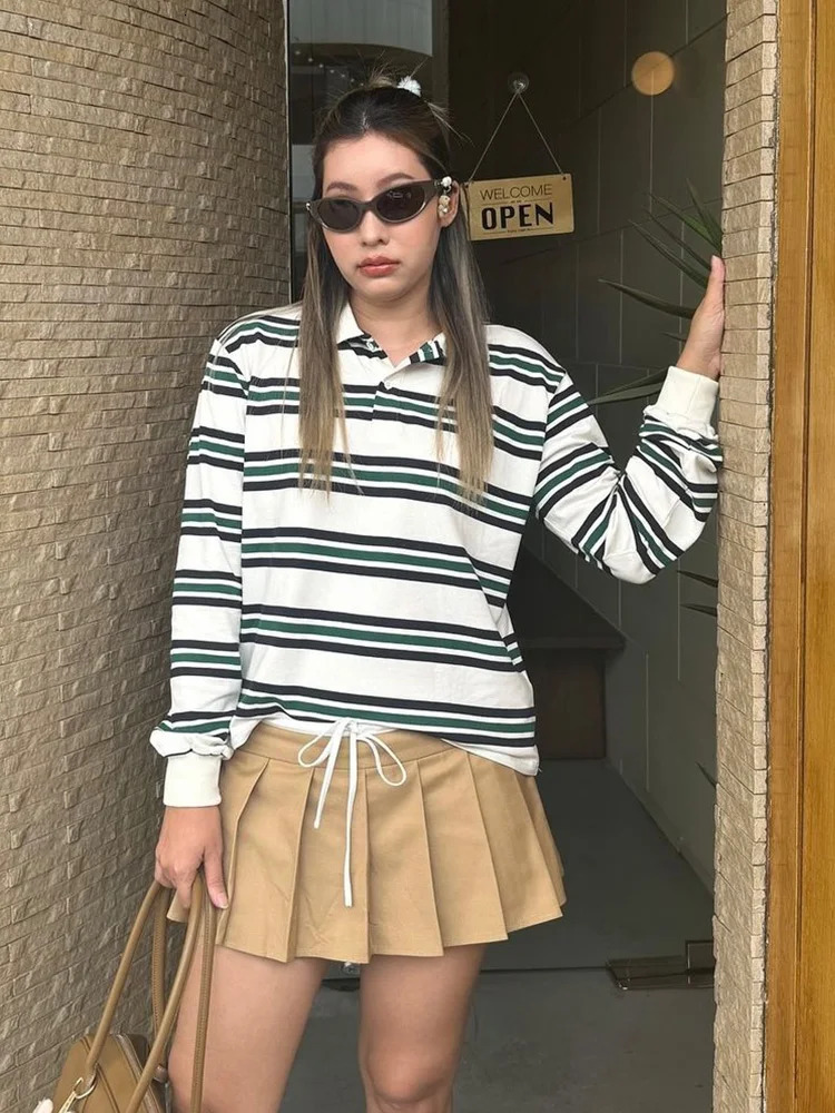 Foridol Burgundy Striped Casual Women T-shirt Summer Loose Polo Shirts Buttons Female Tops Blouse White Tops Spring Shirt 250408