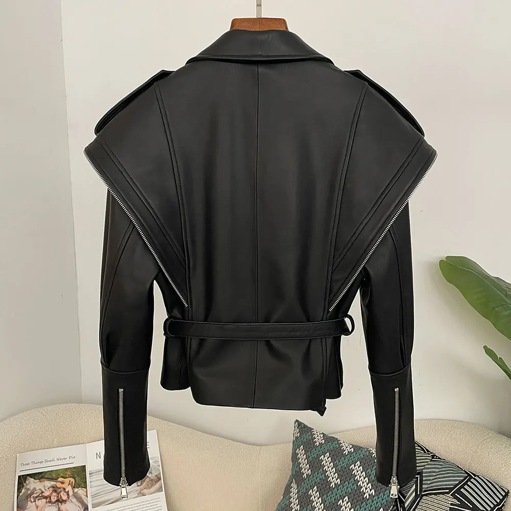 Elegant bicycle leather jacket spring genuine womens autumn shoulder n sheepskin 250409