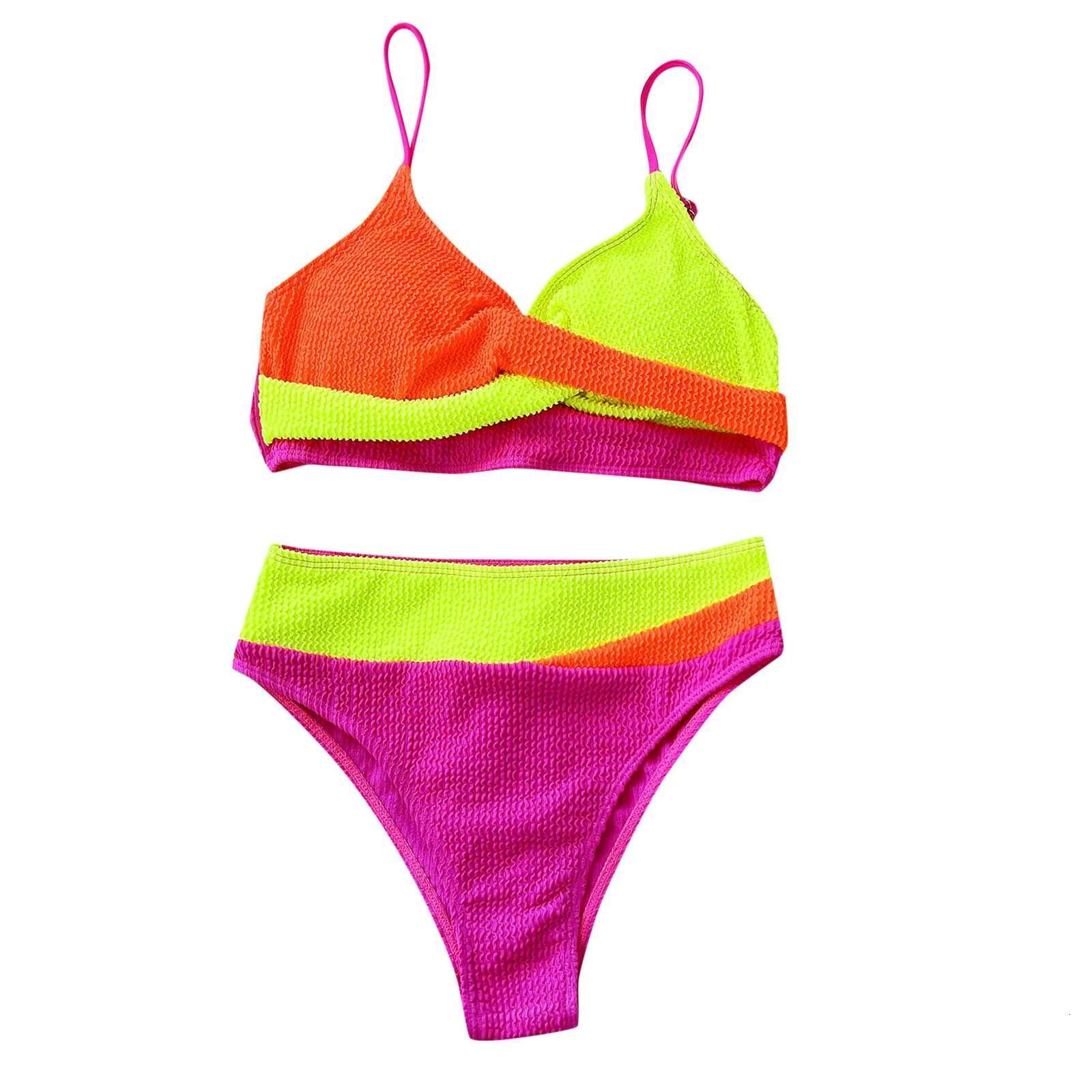 Dongdumaoyi Sexy Hot Pink Contrast Bikini Set Women Front Bow Cross Push Up Pad High Waist Swimsuit Beach Bathing Suit Holiday Swimwear