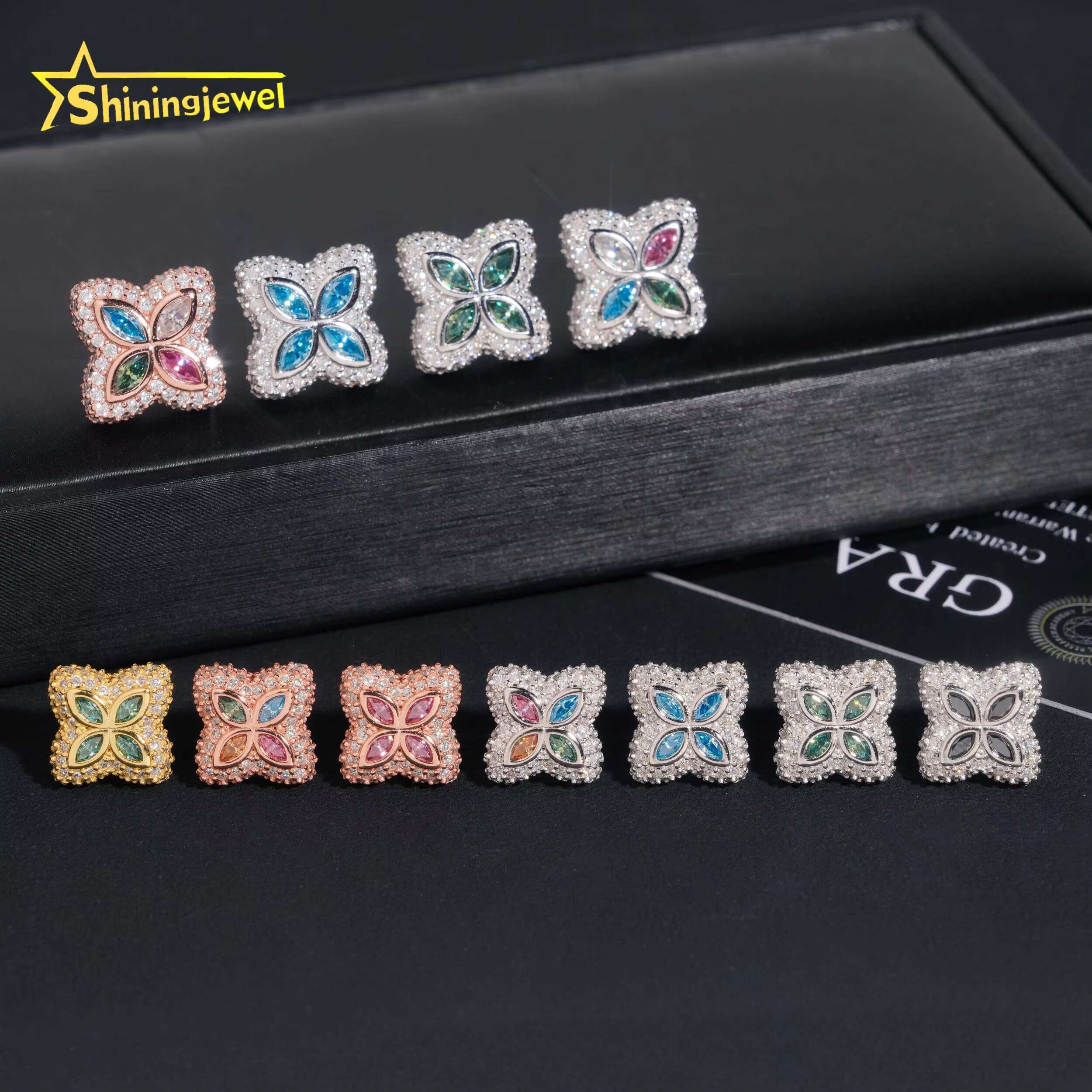 Hot Sale RTS Flower Earrings 15mm Pass Diamond Test Moisssanite Gold Plated Sterling Silver 925 Iced Out Screw Back Stud Earring