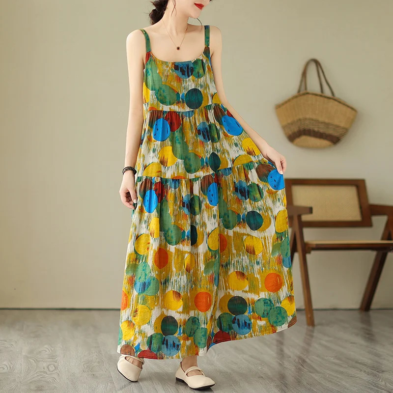 Wxw6508 summer sleeveless spaghetti strap dress for women thin and sexy retro dot print beach backless cotton linen Aline 250409
