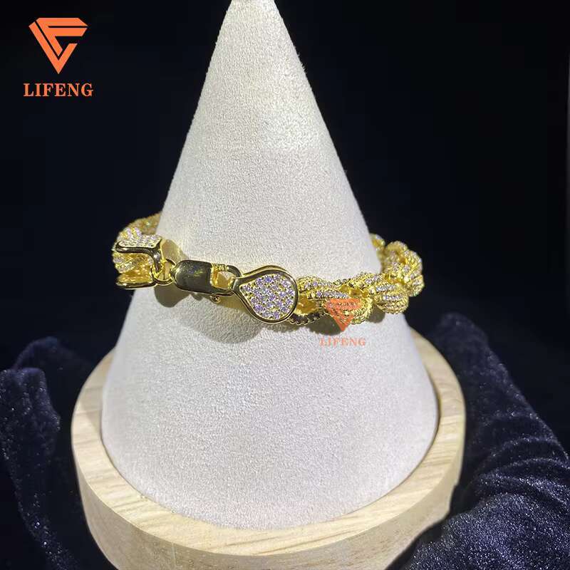 Custom Hand Make VVS Moissanite Diamond 8mm Gold Plated 925 Solid Silver Rope Chain Bracelet for Cuban Link Chain