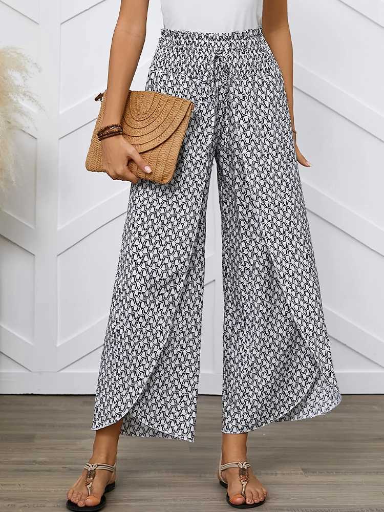 Spring and summer womens French full print waist tulip hem loose cross pantsXJ250403
