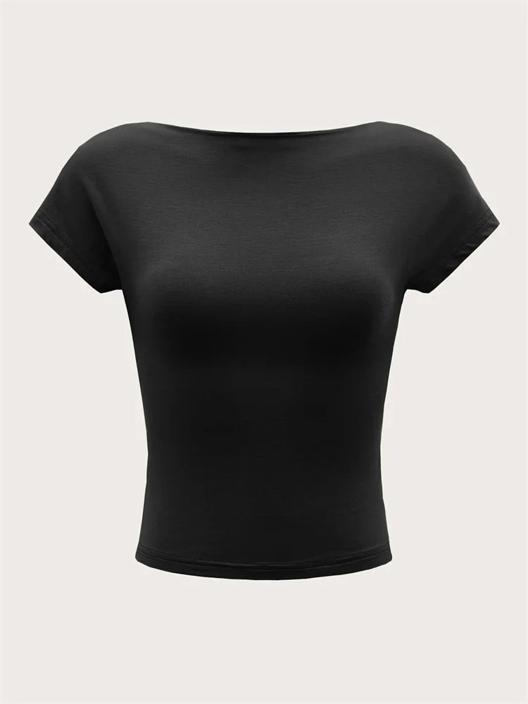 Womens O-neck Backless T-shirt Short Sleeve Solid Color Crop Top Summer Cute Baby Tee Y2K Clothes Bodycon Tunics Fashion Tank 250409