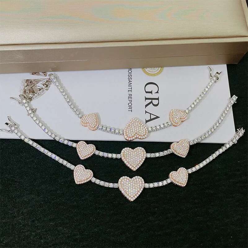 3MM 4MM Full Moissanite Bracelet D Color Four-leaf Clover Womens Heart Bracelet 925 Silver Plated 18K Gold Women Men Jewelry
