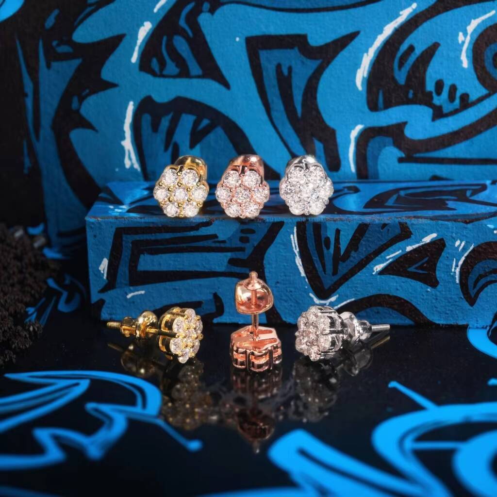 Hip Hop Fine Jewelry 925 Silver Screw Back Iced Out Round VVS Moissanite Flower Stud Earrings for Men Party Daily Wear