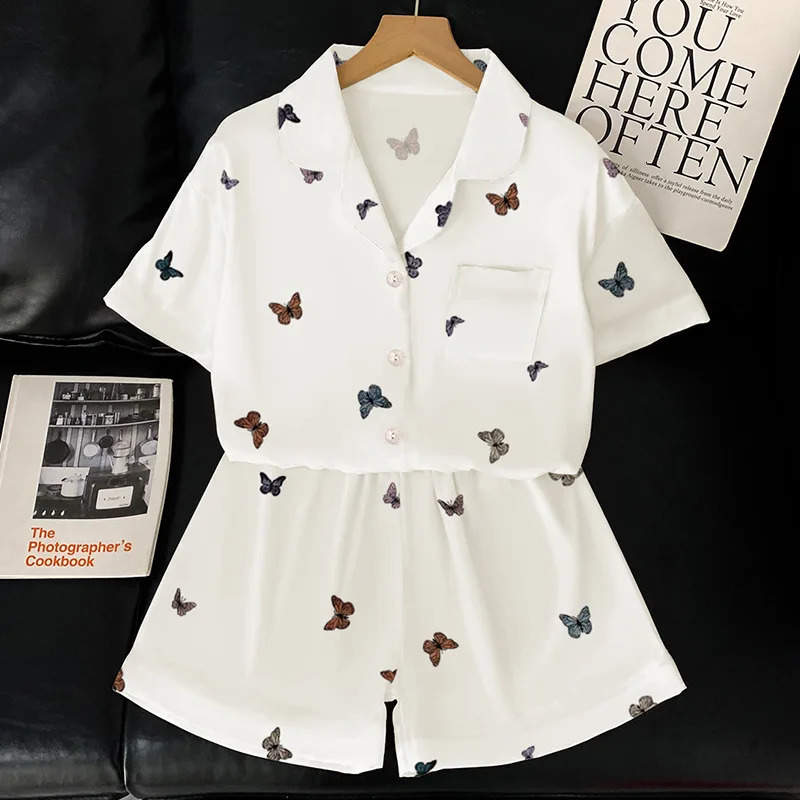 French highend butterfly ice silk sleepwear womens summer short sleeved cardigan twopiece set family wear real clothing 250409