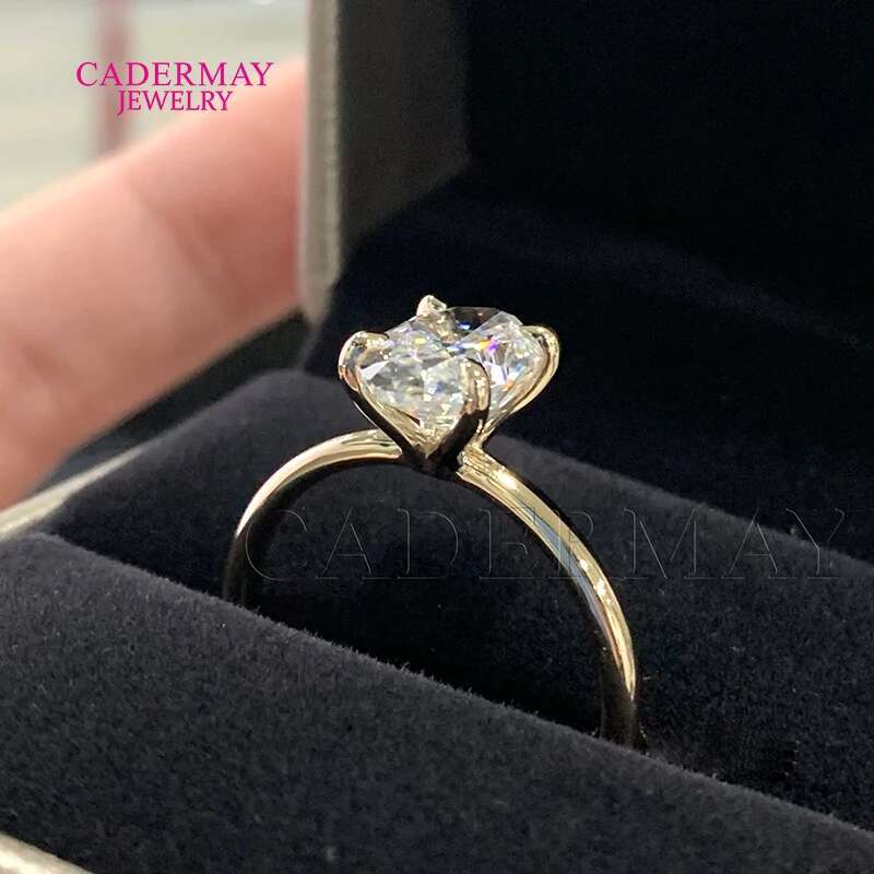 Cadermay Fashion Simple 14K Solid Yellow Gold D VVS Crushed-Ice Oval Shape Moissanite Solitaire Ring Moissanite 14K Ring Women