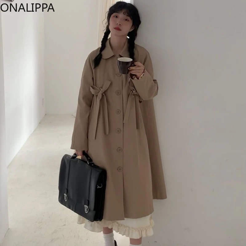Onalippa brushed bow womens trench coat Peter Pan collar Korean single chest and jacket 250409