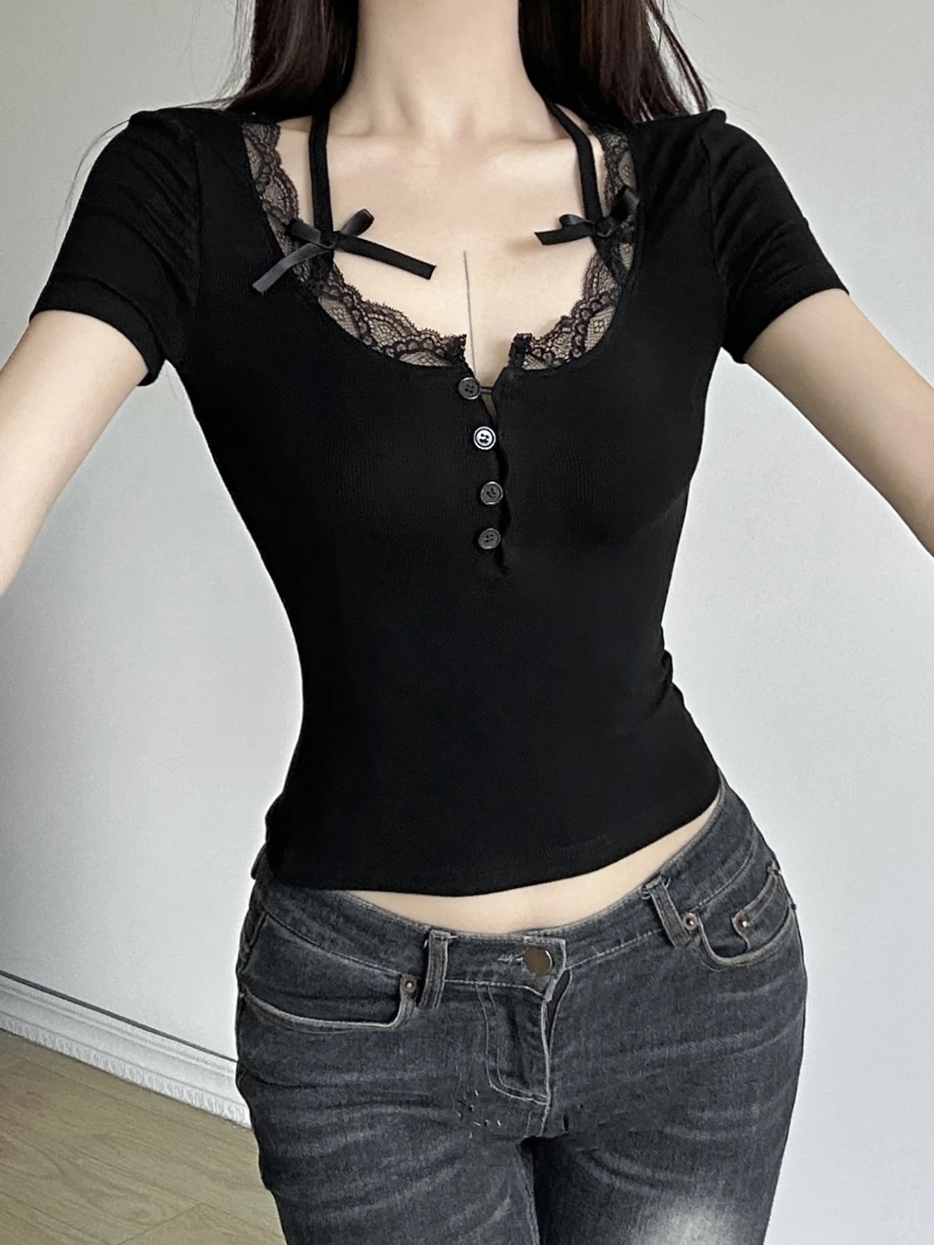 Halter Neck Lace Trim Bow Cute Black Y2K T-Shirt Women Button Up Slim Short Sleeve White Tees Sweet Balletcore Clothing 250409