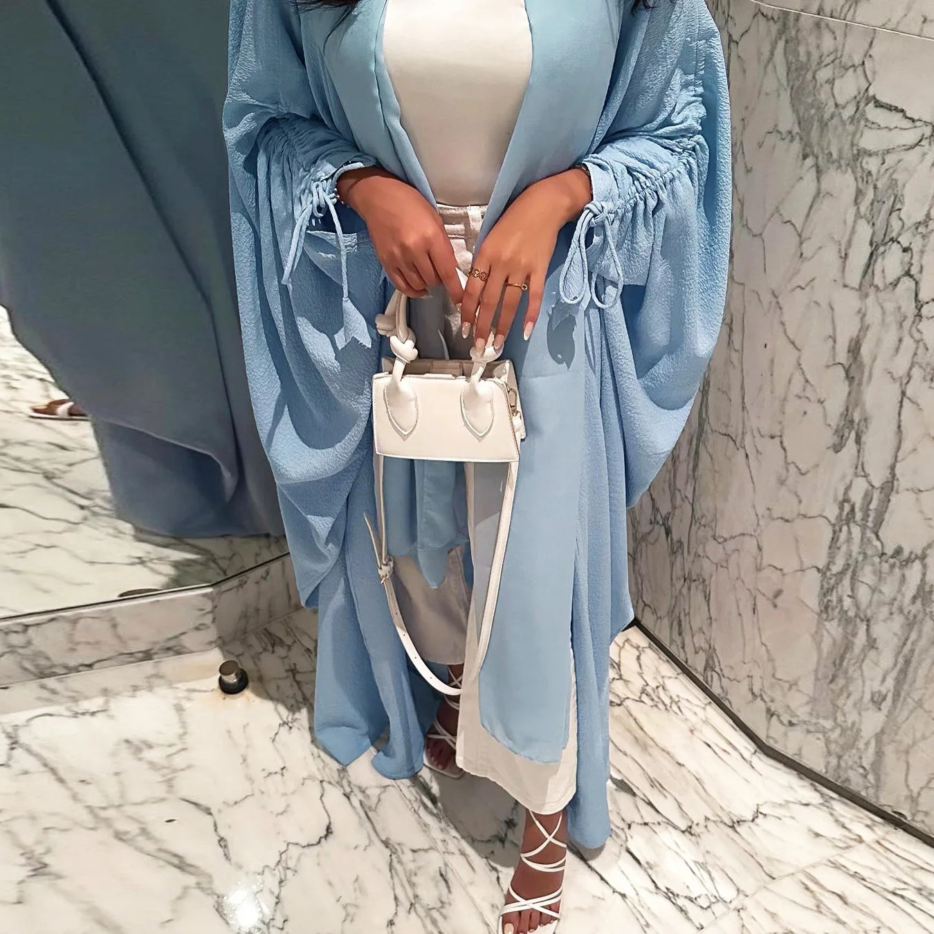 Womens Muslim Dubai Bat Sleeve Casual Loose Fashion Dress Light Blue Arab Open Knitted Woolen Sweater Abaya 250409