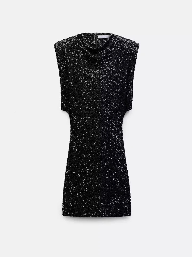 ZBZA Womens Shoulder Pad Shining Dress Solid Sleeveless Hidden Zipper High Waist Elegant Aline Mini Skirt 250409