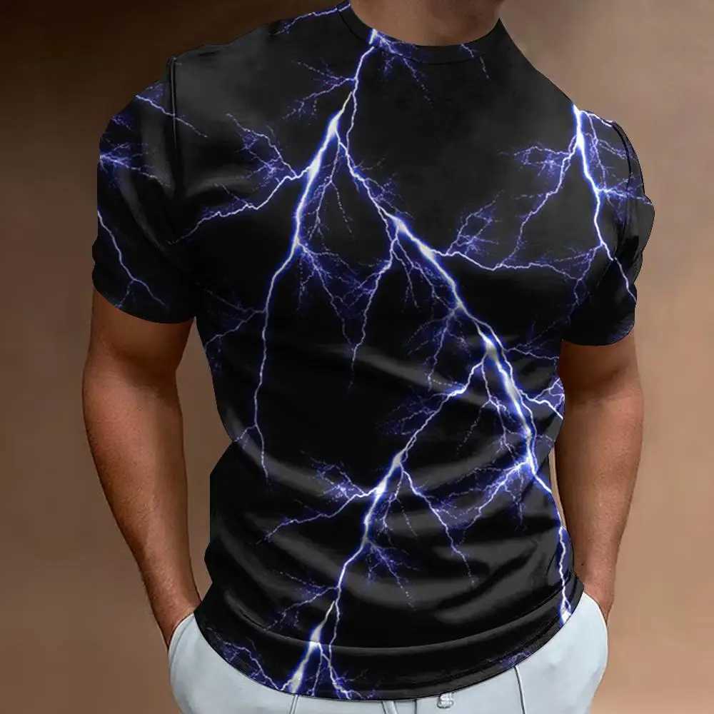 Lightning pattern printed mens short sleeved T-shirt fashionable mens street casual mens loose oversized T-shirt 2024XJ250409