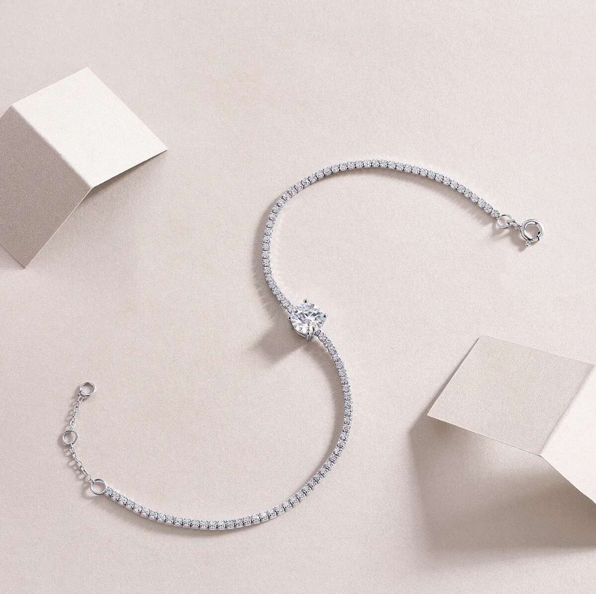 925 Silver 1ct Round Moissanite Tennis Chain Bracelet Women Jewelry Diamond Zircon Link Bracelets Bangle Pass Tester Gift