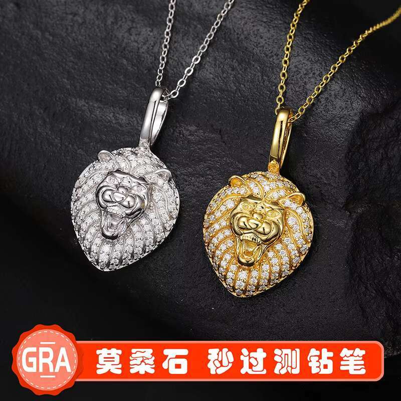 European American Lion Head 925 Silver Inlaid Moissanite Solid Pendant Hip-Hop Style Clavicle Chain for Men Women Unique