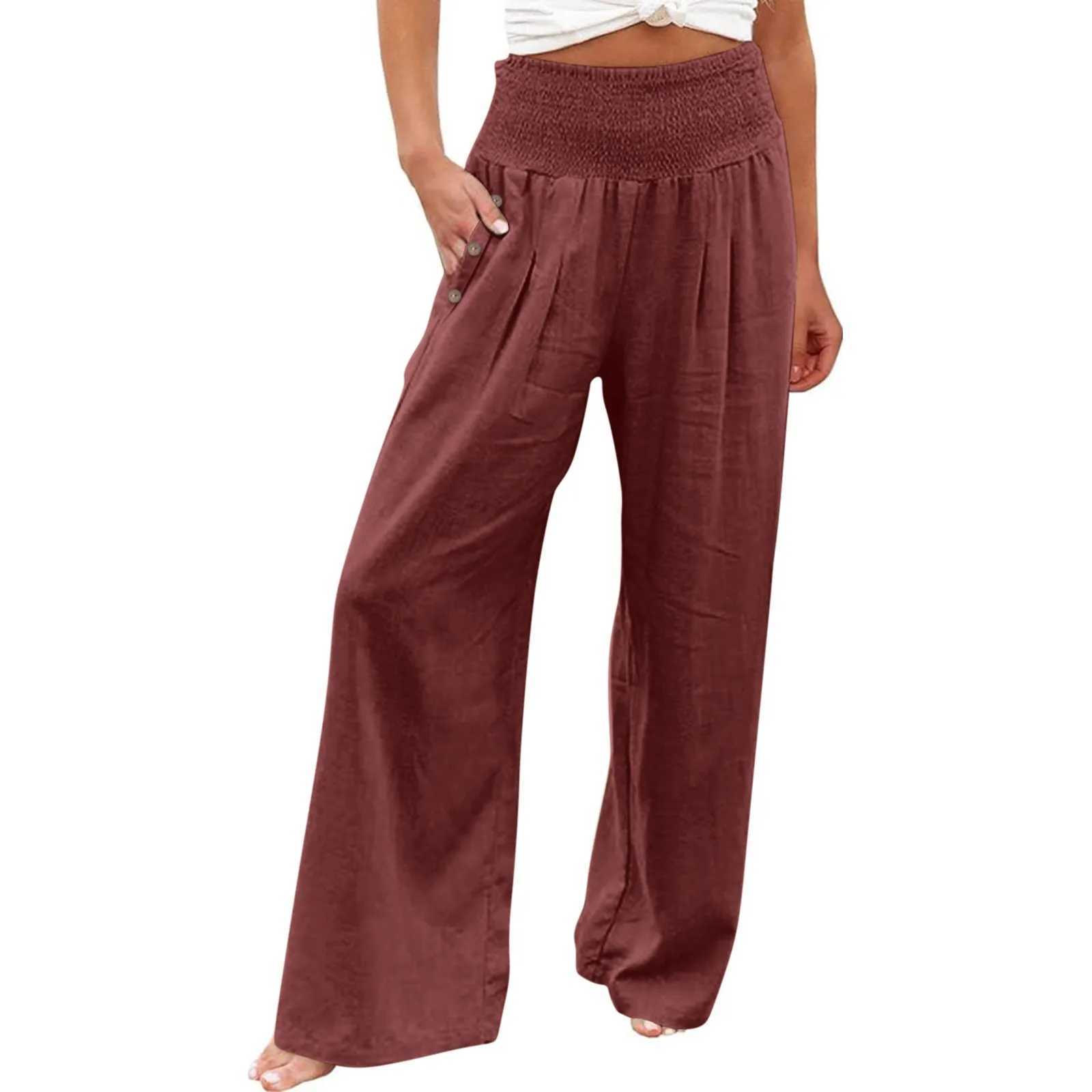 Summer cotton linen wide leg pants for women loose Palazzo pants with pockets elastic waist buttons womens casual pantsXJ250403
