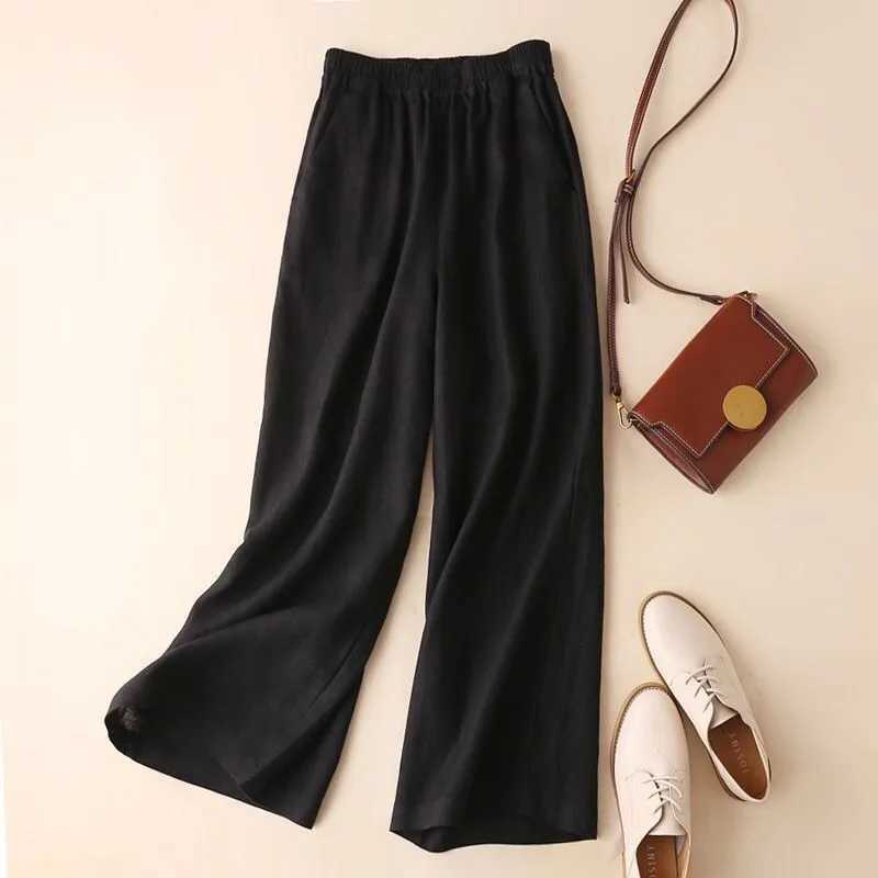 Fashionable womens full-length casual pants cotton linen wide leg pants solid summer pants loose high waisted straight pantsXJ250403