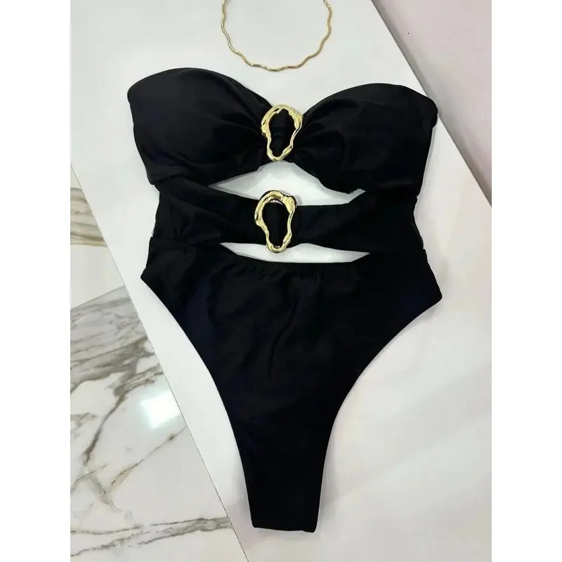 3color sexy metal ring cut womens onepiece swimsuit Bandeau long leg bathtub B022D 250409