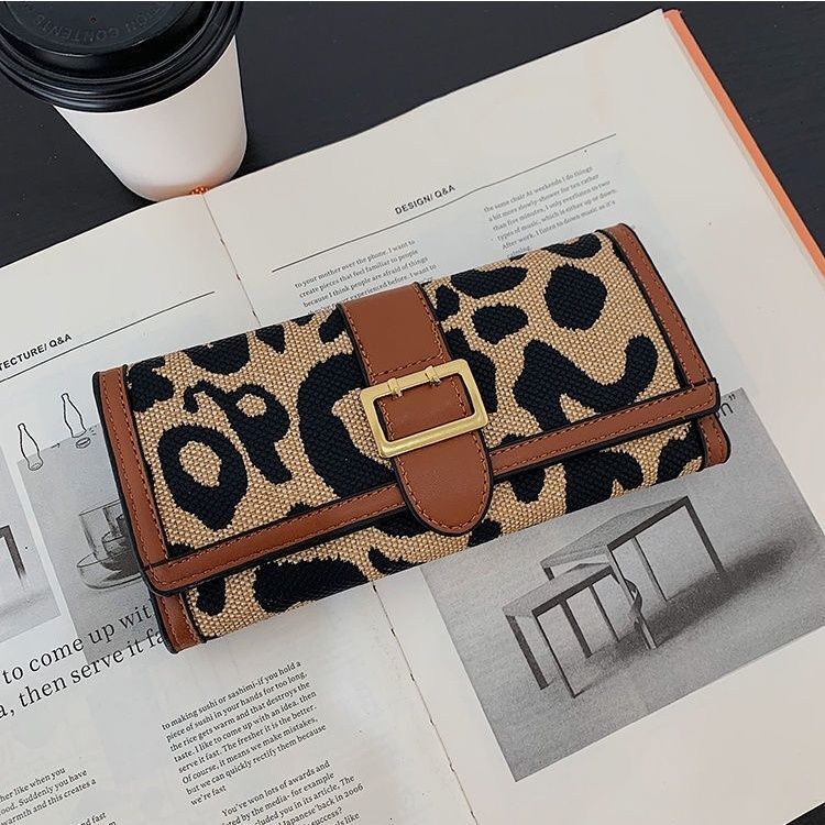 Fashion leopard print canvas wallet short coin wallet multi card slot buckle long handbag new trendy designer wallet