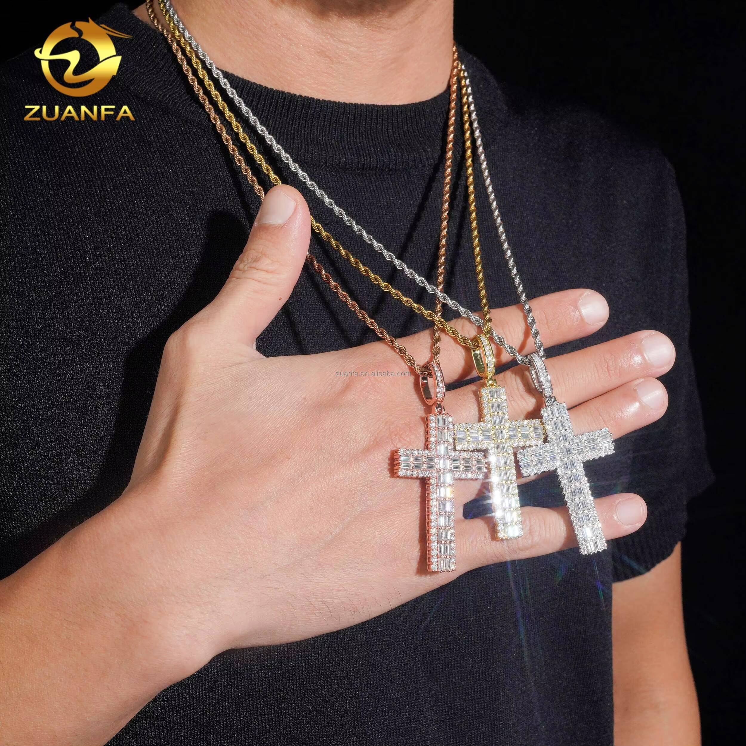 New Arrivals Trendy Fashion Man LuxuryJewelry Hip Hop Pendant S925 VVS1 Baguette Moissanite Diamond Cross Pendant Necklace Set