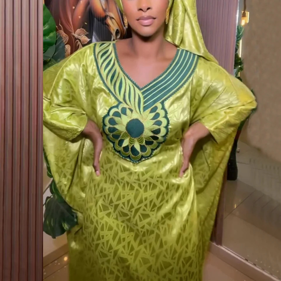 African Womens Dashiki Traditional ed Bazin Dress Ankara Green Robe Nigeria Wedding Evening 250409