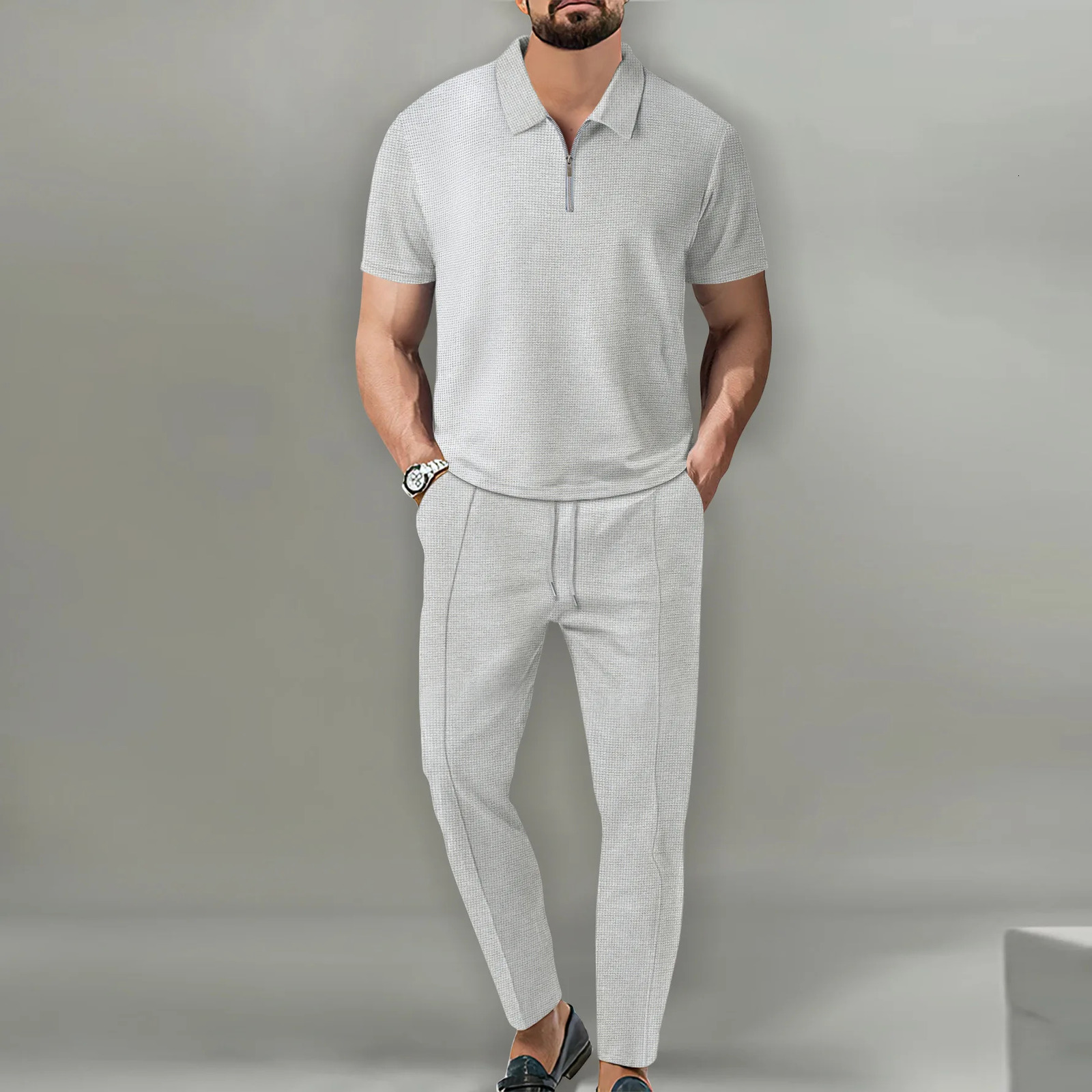 Fashionable and trendy mens casual sports suit waffle short sleeved zippered long pants set 250409
