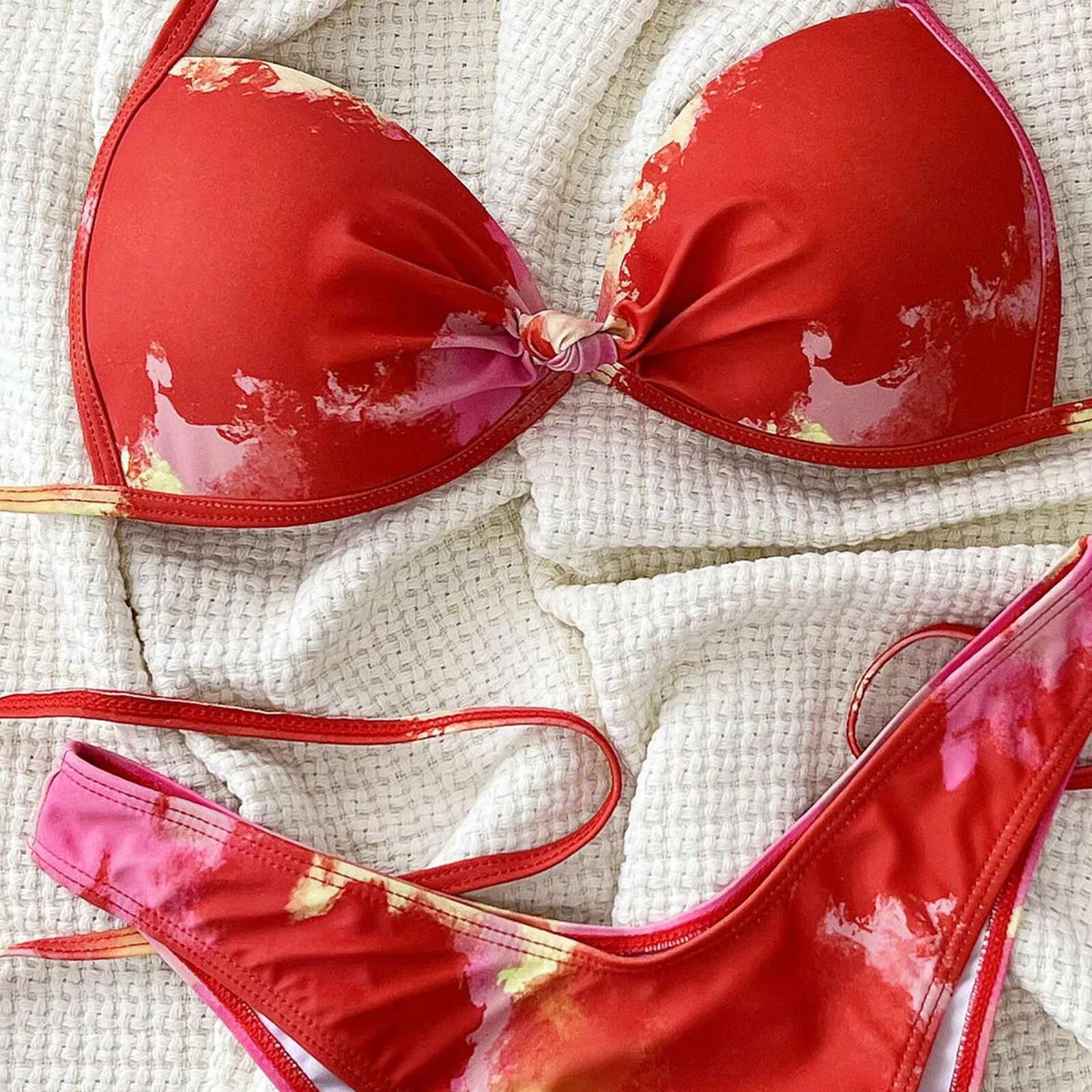 Dongdumaoyi Tie Dye Halter Bikini Women Swimwear Female Swimsuit Two Pieces Set Bra Cup High Leg Cut Bather Bathing Suit Swim Wear