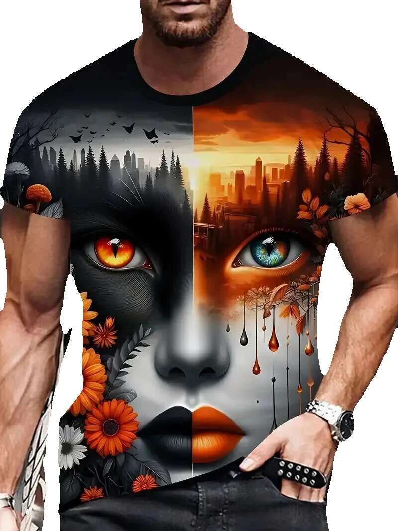Fashionable and funny 3D facial print summer casual round neck short sleeved sweater outdoor T-shirt men's oversized clothing