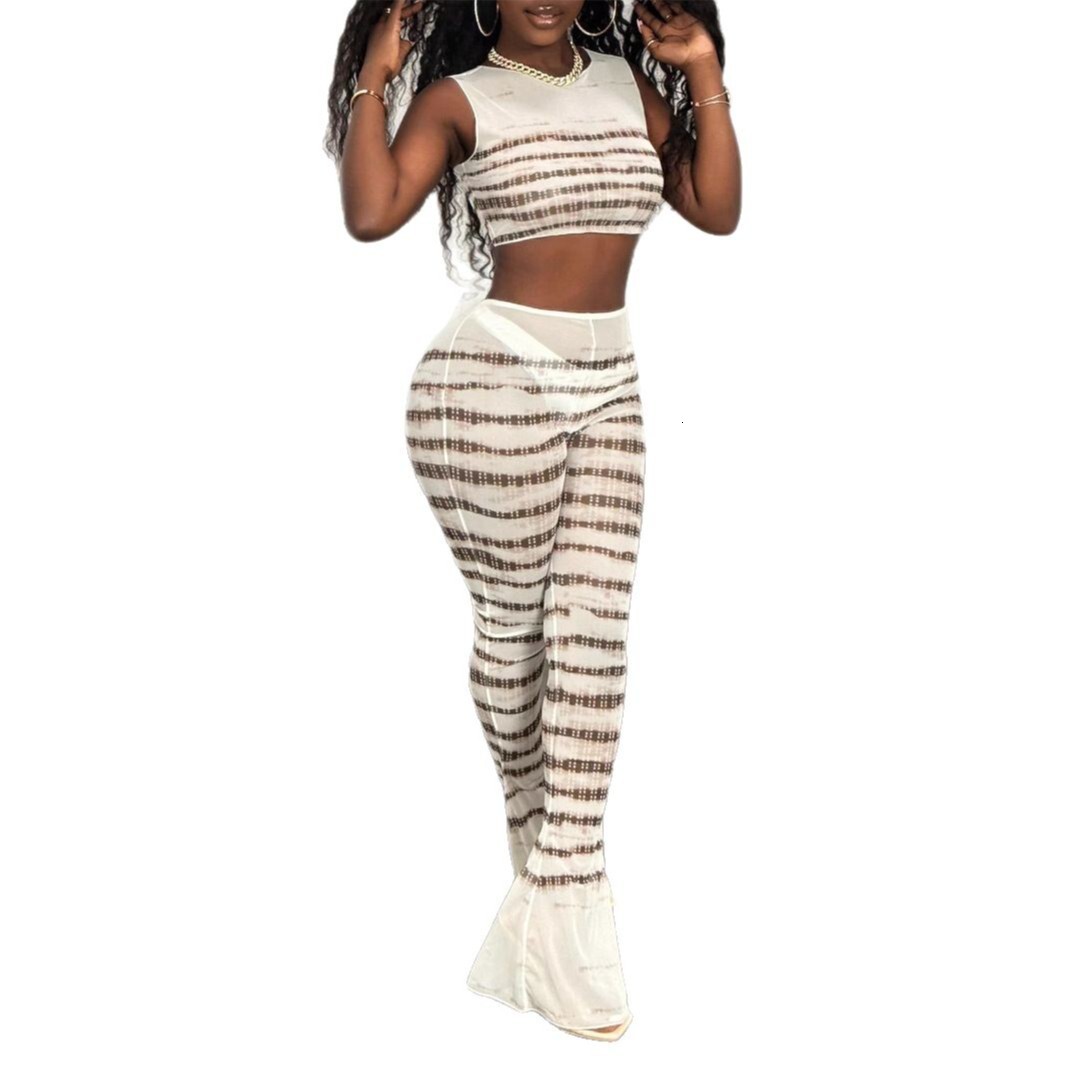 2025S Designer Women S Set New Women S Fashion Sexy Spicy Girl Perspective Mesh Printed Non Trace Top Micro Pull Pants Set