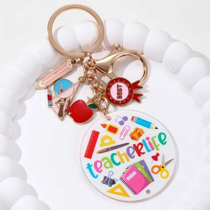 Glass Acrylic Best Teachers Work Keychain Pencil Heart shaped Ruler Keyring Female Teacher Gift Handmade Jewelry SetXJ250409