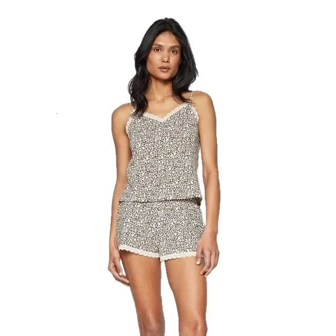 Womens sexy pajama set with leopard lace edge Camisol top comfortable and skin friendly 250409