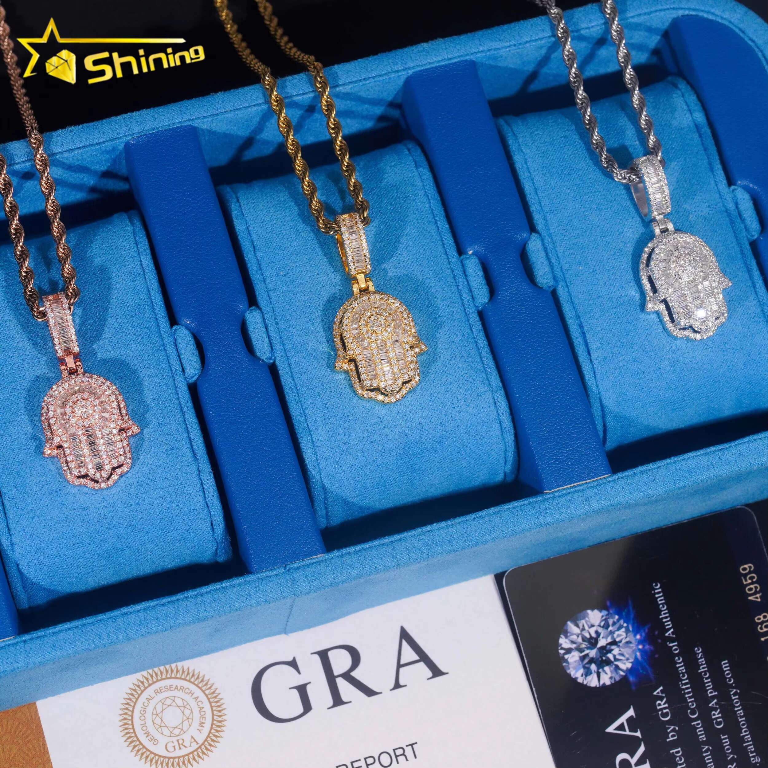 New Fashion Jewelry Hip Hop Jewelry S925 Gold Plated Cute Charms Two Layer Gra Certificate baguette Moissanite Men Hamsa Pendant