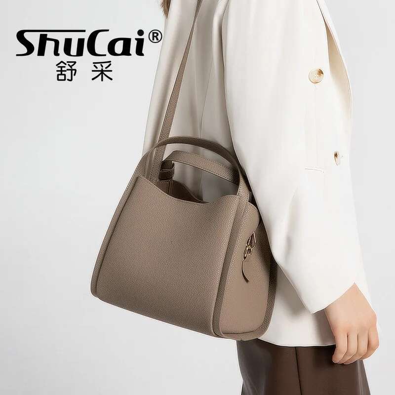 Genuine Leather Women's Handbag New Shoulder Fashion Bucket Cowhide Crossbody Bag Female